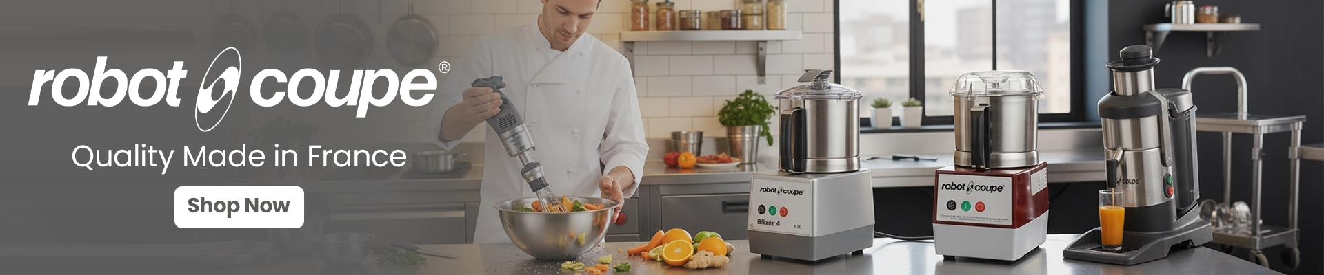 Robot Coupe commercial kitchen equipment banner showcasing food processors, juicers, and mixing bowl with brand logo on a gray background.